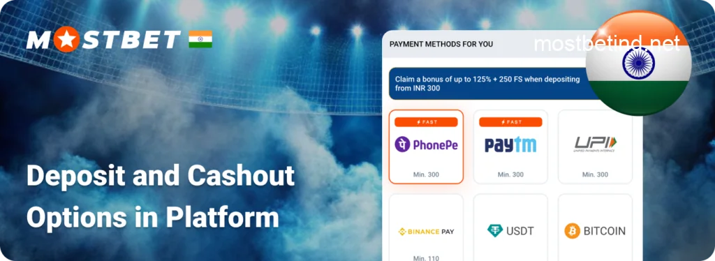 Deposit and Cashout Options in Mostbet India